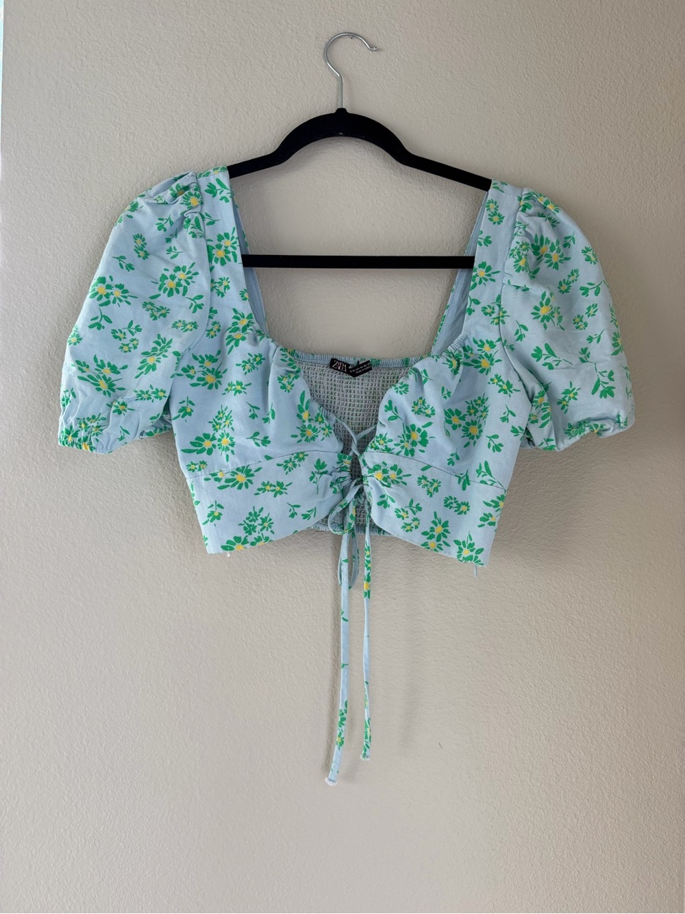 Zara Light Blue Floral Tie-Front Puff-Sleeve Crop Top